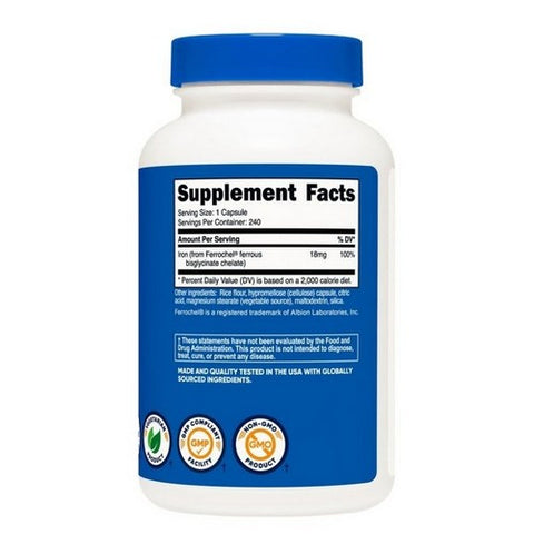Nutricost, Ferrochel Iron Capsules, 18 Mg, 240 Count