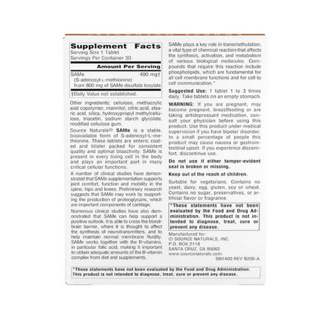 Source Naturals, Same (S-Adenosyl-L-Methionine), 400 MG, 30 Tabs