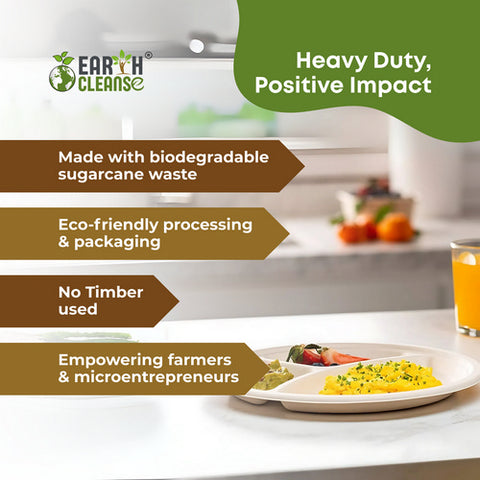 10" Round 3 Compartment Round Bagasse Plate Premium 750 Pack by Earth Cleanse