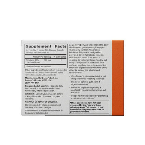 Doctors Best, High Absorption Postbiotic Butyrate, 300 Mg, 30 Liquid-Filled Veggie Capsules Doctors Best