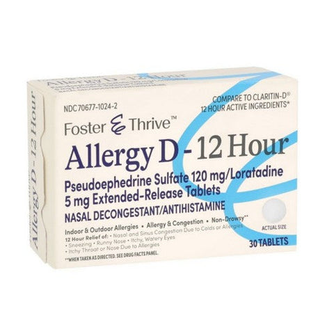 Foster And Thrive, Allergy D-12 Hour Pseudoephedrine Sulfate, 30 Count Foster And Thrive