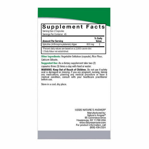 Nature's Answer, Spirulina, 800 Mg, 90 Veg Caps Nature's Answer