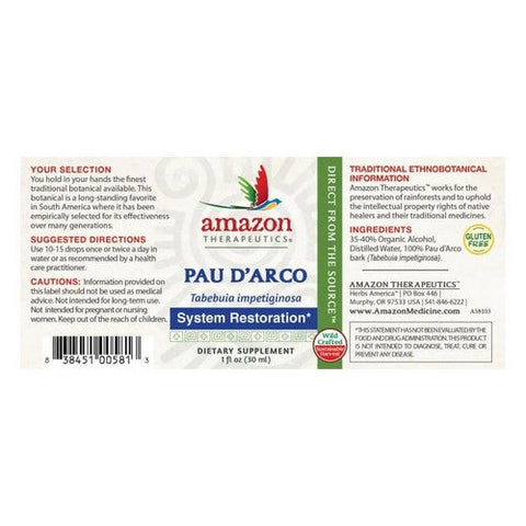 Amazon Therapeutic Laboratories, Pau D’ Arco System Restoraton, Liquid Extract 1 Fl Oz Amazon Therapeutic Laboratories