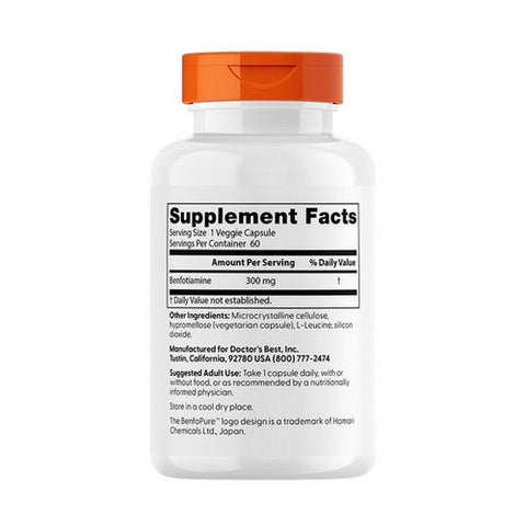 Doctors Best, Benfotiamine 300 With Benfopure, 300 Mg, 60 Veggie Caps Doctors Best